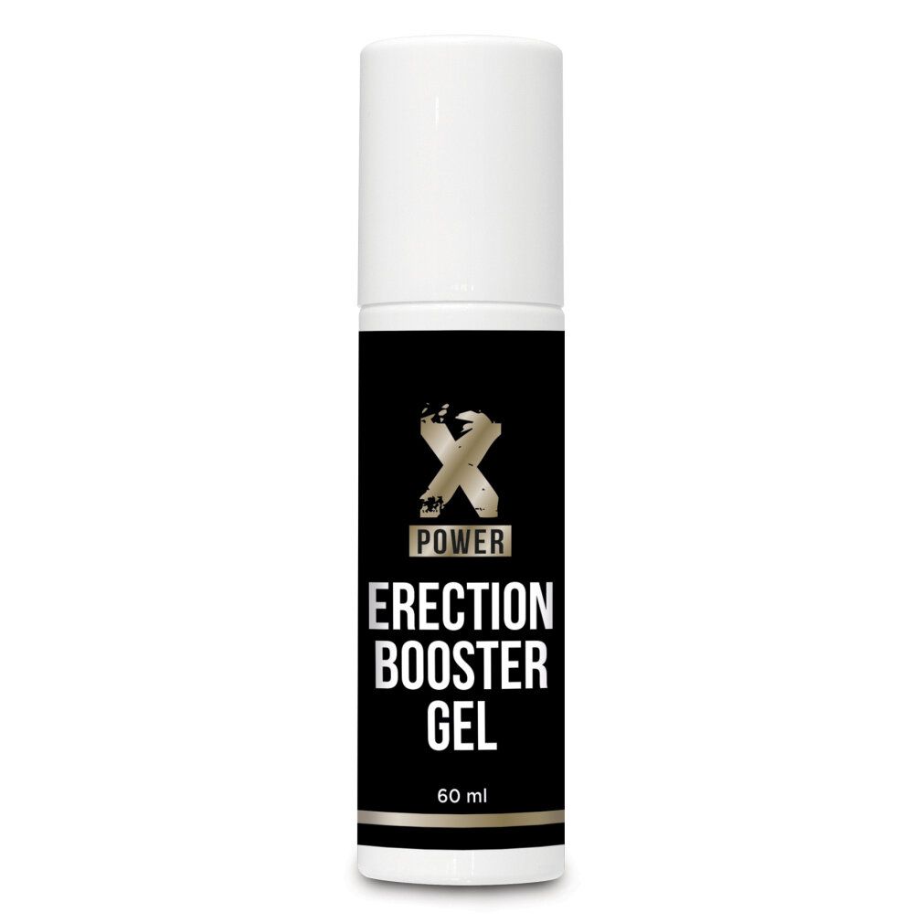 Flacone nero con tappo bianco. Scritta: Xpower, Erection Booster Gel. In basso: 60 ml.