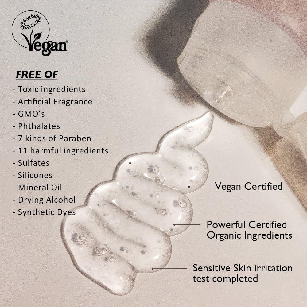 Certificazione vegana. Sostanza gelatinosa. Senza ingredienti tossici. Testo con informazioni sugli ingredienti.