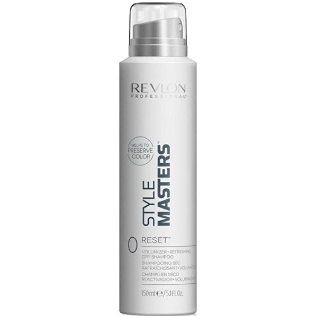 Spray bianco con erogatore argento. Scritta: Revlon Professional, Style Masters Reset, Volume+ Refreshing Dry Shampoo.