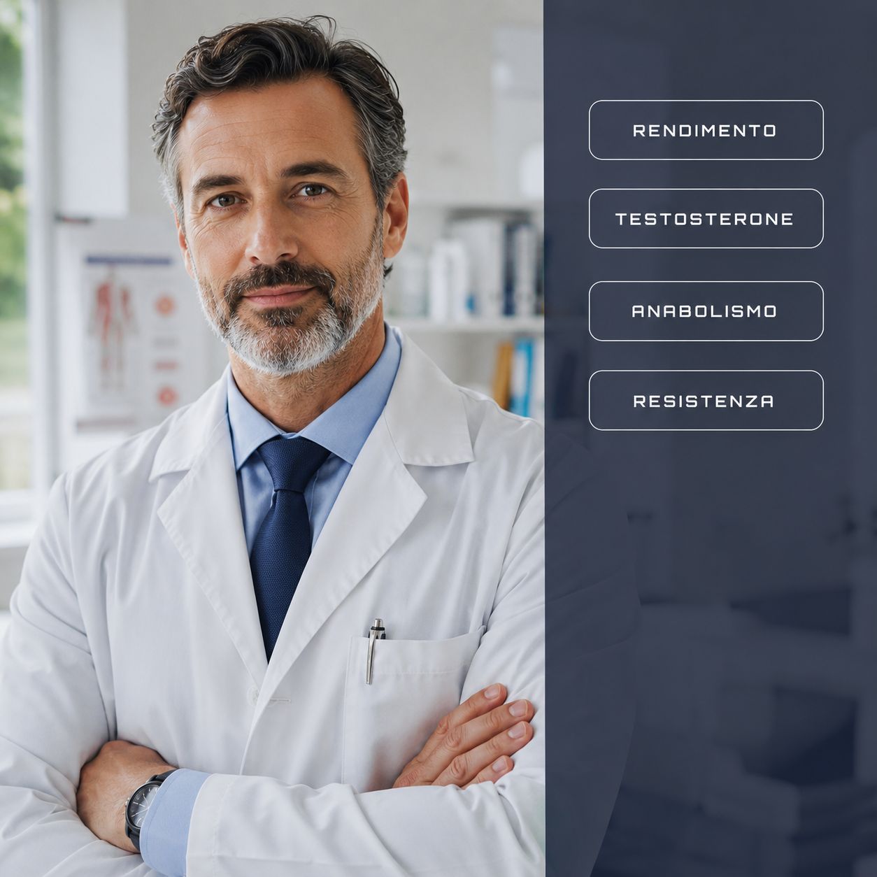 Uomo in camice da medico, braccia conserte, accanto pulsanti: Rendimento, Testosteron, Anabolismo, Resistenza.