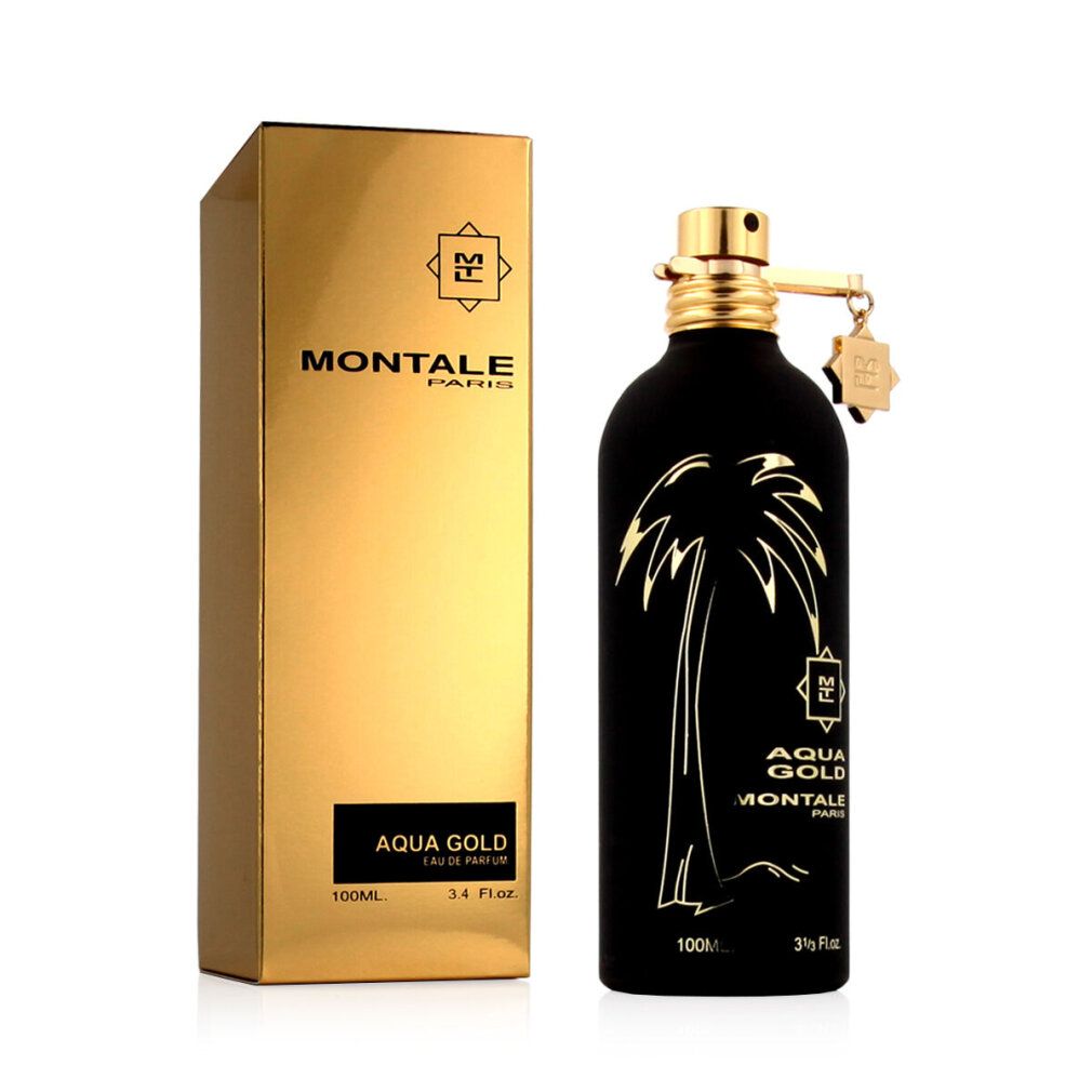 Flacone di profumo nero con scritta dorata e confezione dorata. Scritta: Montale Aqua Gold Eau de Parfum.