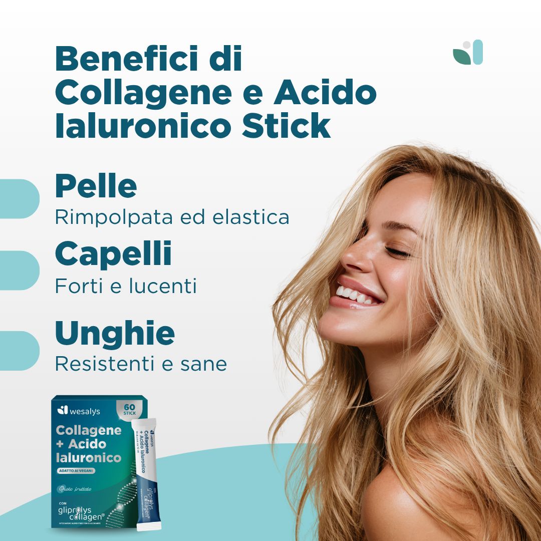 Donna con capelli lunghi. Testo: Benefici di Collagene e Acido Ialuronico Stick. Pelle, capelli, unghie.