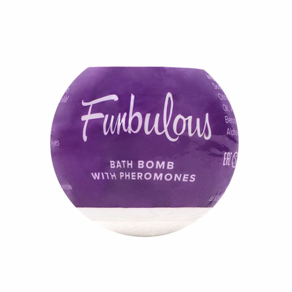 Bomba da bagno rotonda, parzialmente avvolta in viola con testo bianco. Scritta: Funbulous, Bath Bomb with Pheromones.
