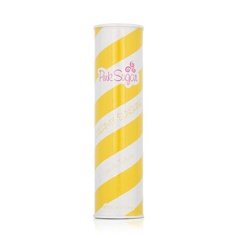 Confezione cilindrica a strisce gialle e bianche. Logo Pink Sugar e scritta "Creamy Sunshine".