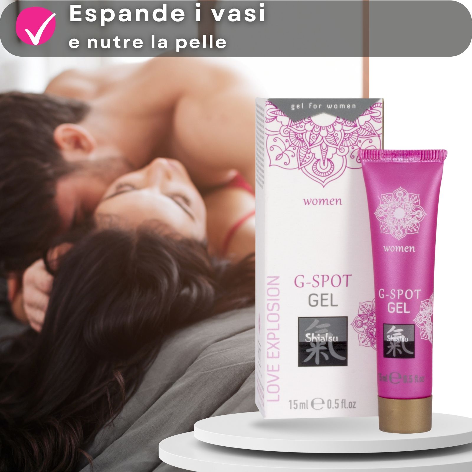 Prodotto e coppia. Tubo e scatola rosa. Testo: G-Spot Gel. Vantaggi: vasi, cura della pelle.