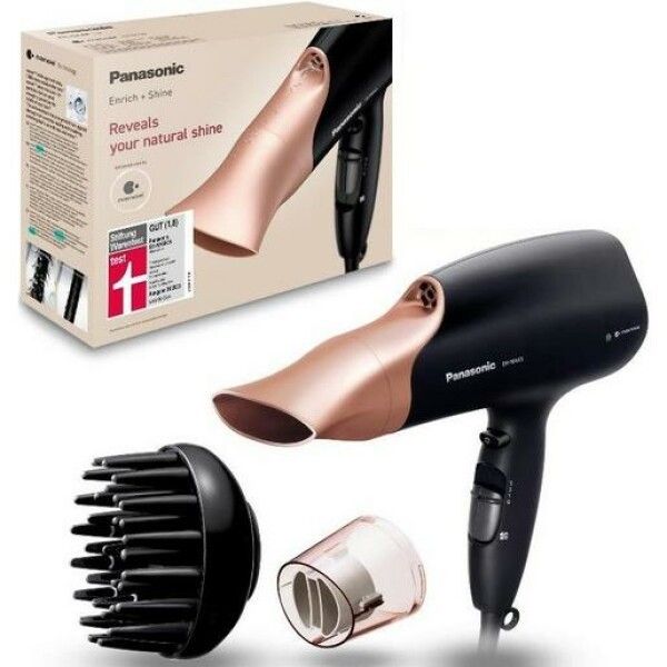 Asciugacapelli nero e oro con accessori. Confezione con immagine e certificazione. Marchio: Panasonic.