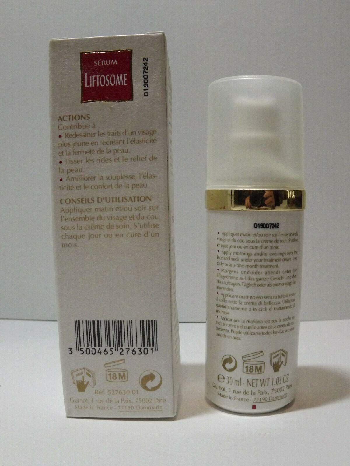Retro della scatola del Siero Liftosome Guinot con istruzioni per l'uso.