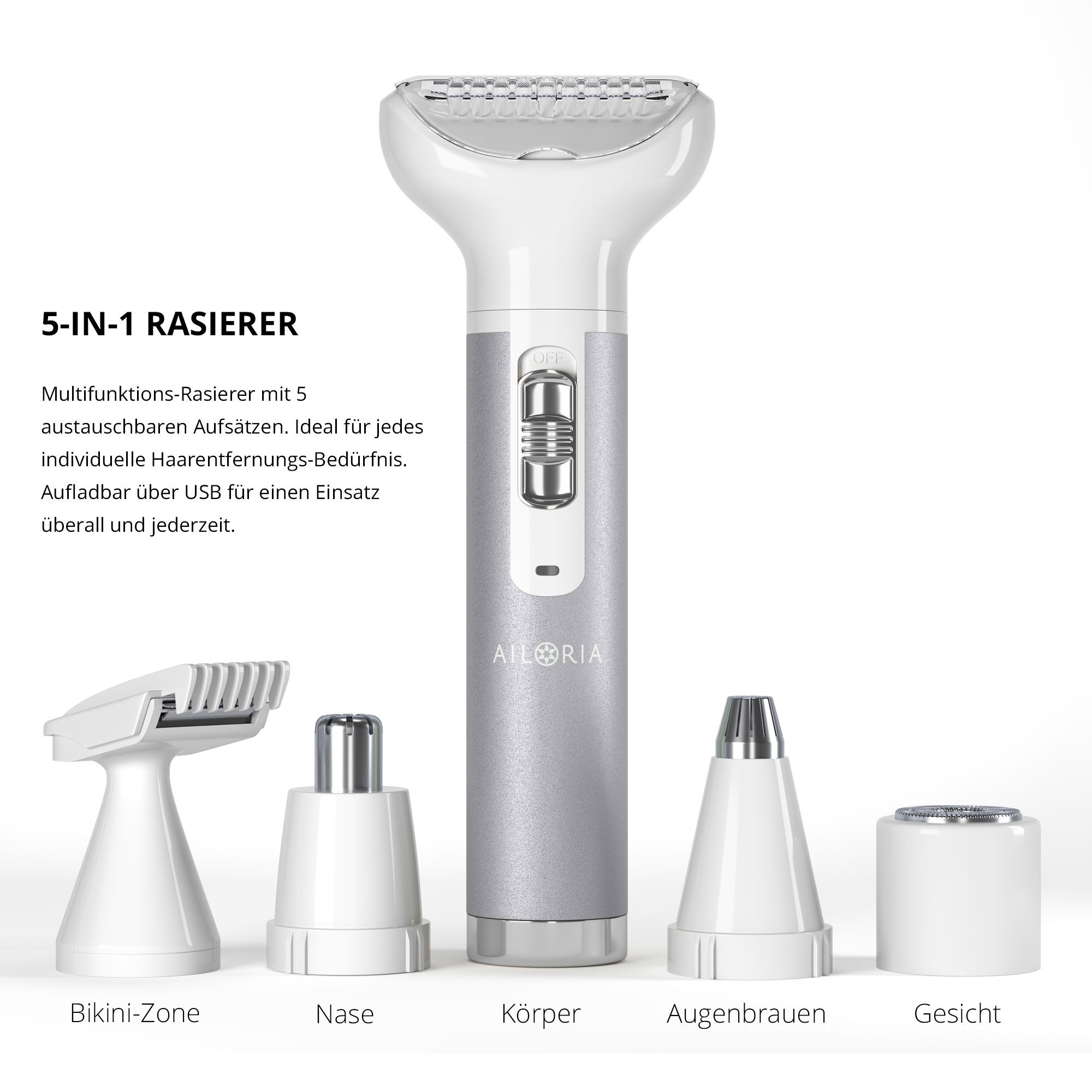 Set rasoio con 5 testine. Testo: RASOIO 5-IN-1. Testine per zona bikini, naso, corpo, sopracciglia e viso. Ideale per esigenze individuali.