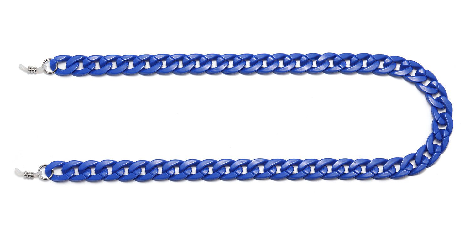 Catena per occhiali blu a forma di catena, con estremità argentate. Su sfondo bianco.