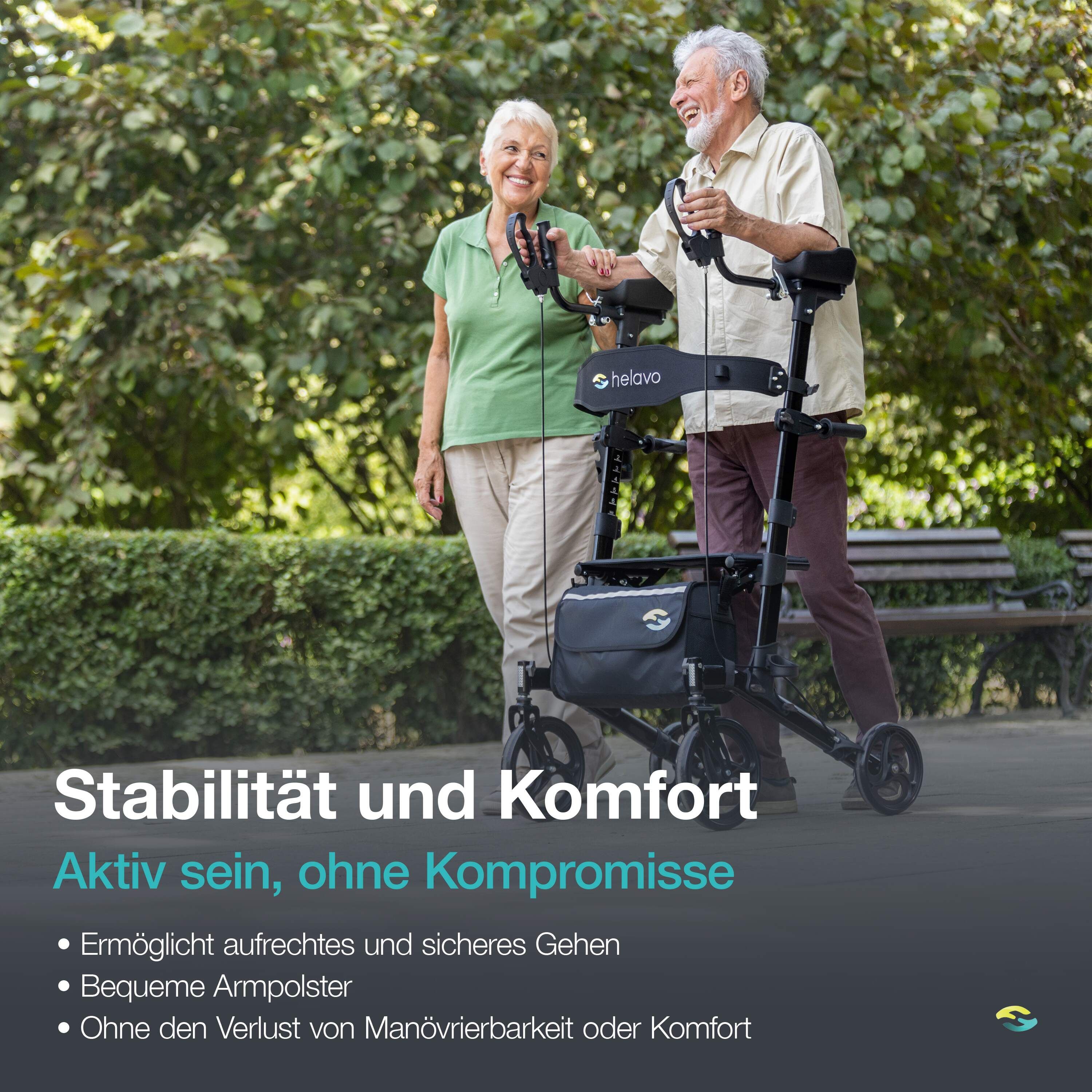 Una coppia di anziani usa un rollator nero all'aperto.