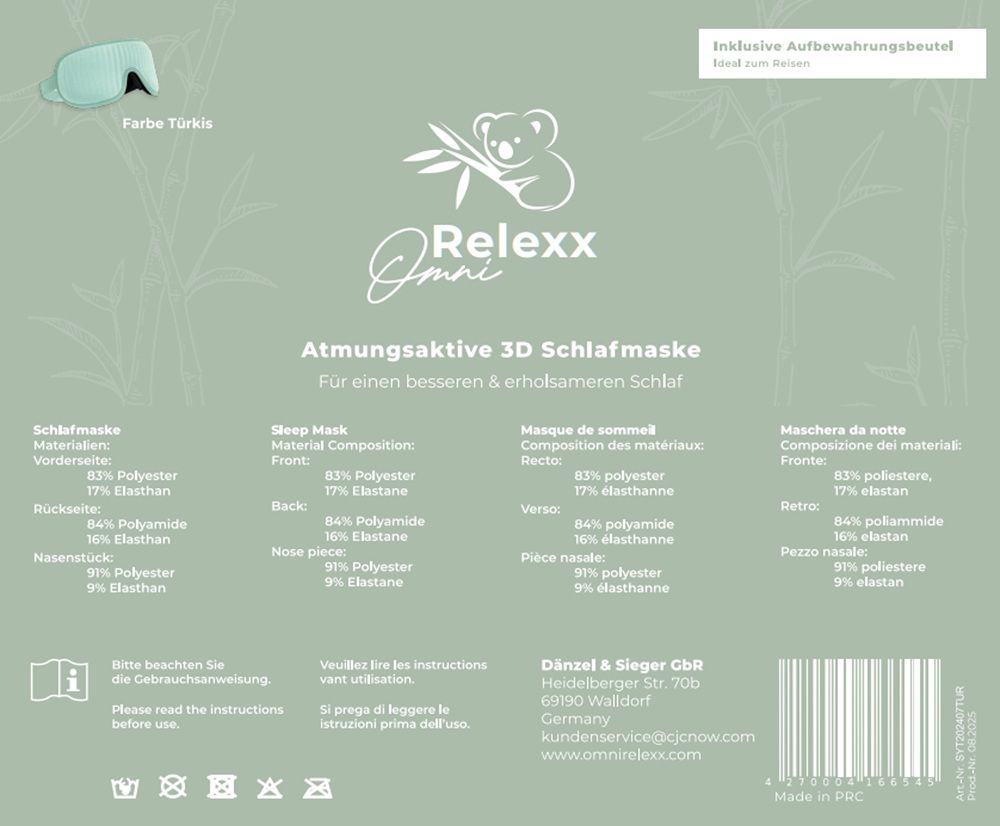 Retro della confezione. Testo: OMNIRELEXX®, maschera per dormire 3D. Composizione del materiale, indirizzo del produttore.
