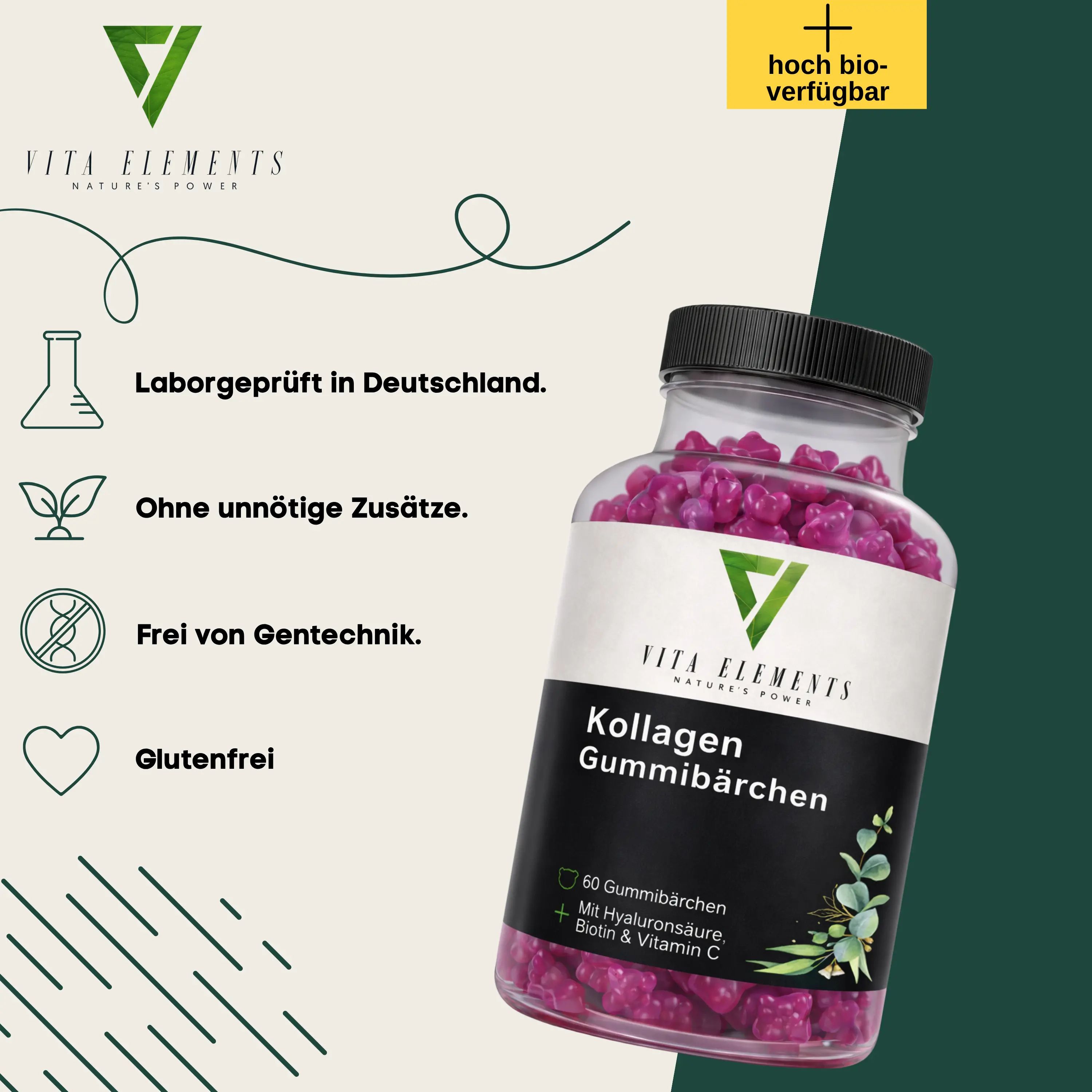 Flacone con caramelle gommose viola al collagene, logo Vita Elements, scritta "Kollagen Gummibärchen", "60 Gummibärchen".