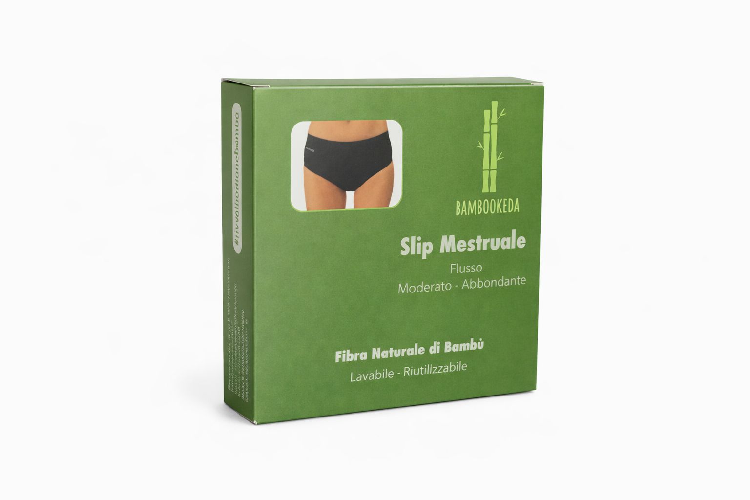 Scatola verde con Slip Mestruale. Testo: Bambookeda, fibra di bambù, lavabile, riutilizzabile.
