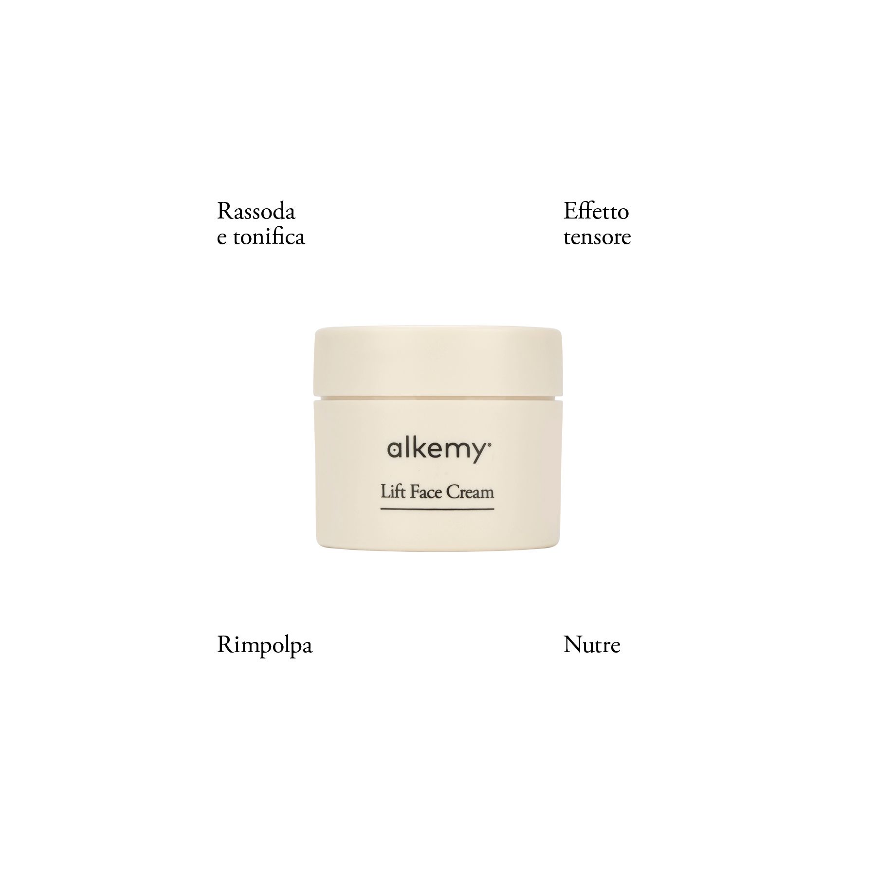 Vasetto Alkemy Lift Face Cream con testi: rassoda, effetto lifting, rimpolpa, nutre.