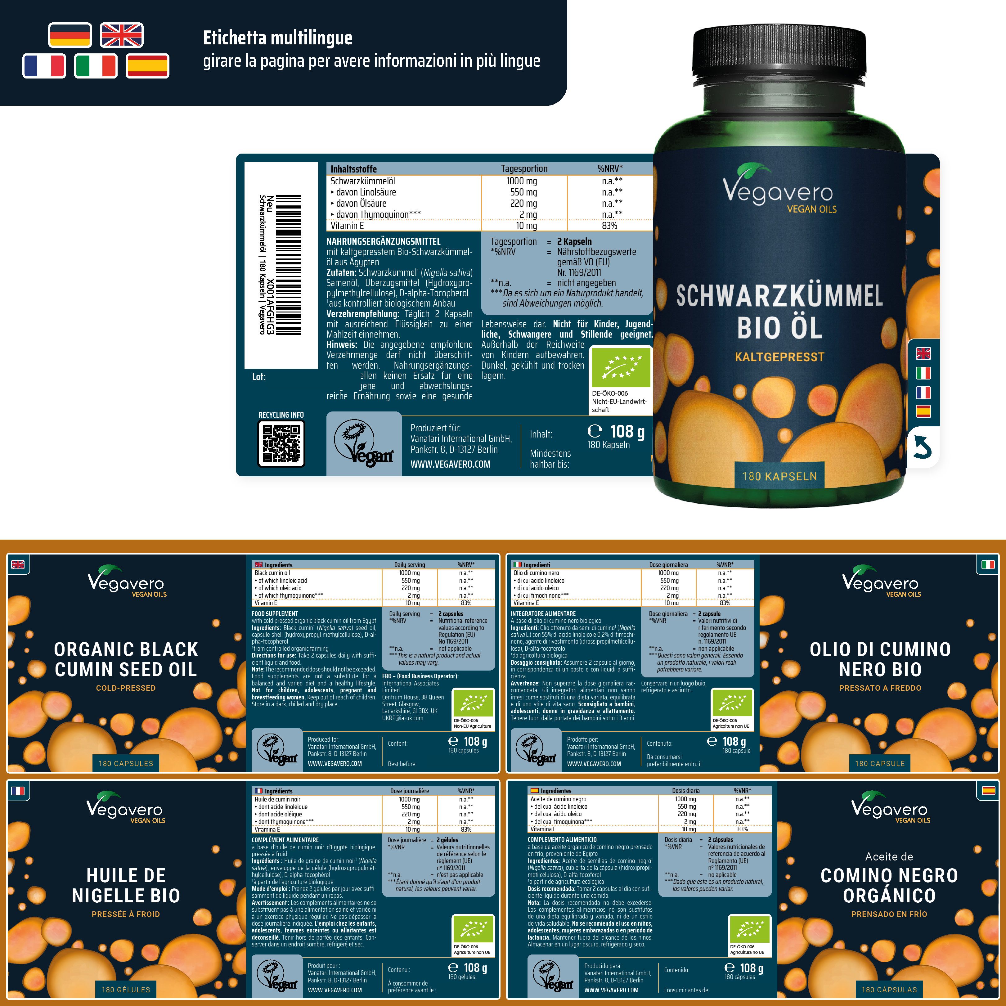 Etichetta multilingue e flacone di olio di cumino nero bio. Diverse etichette con lingue e loghi diversi.