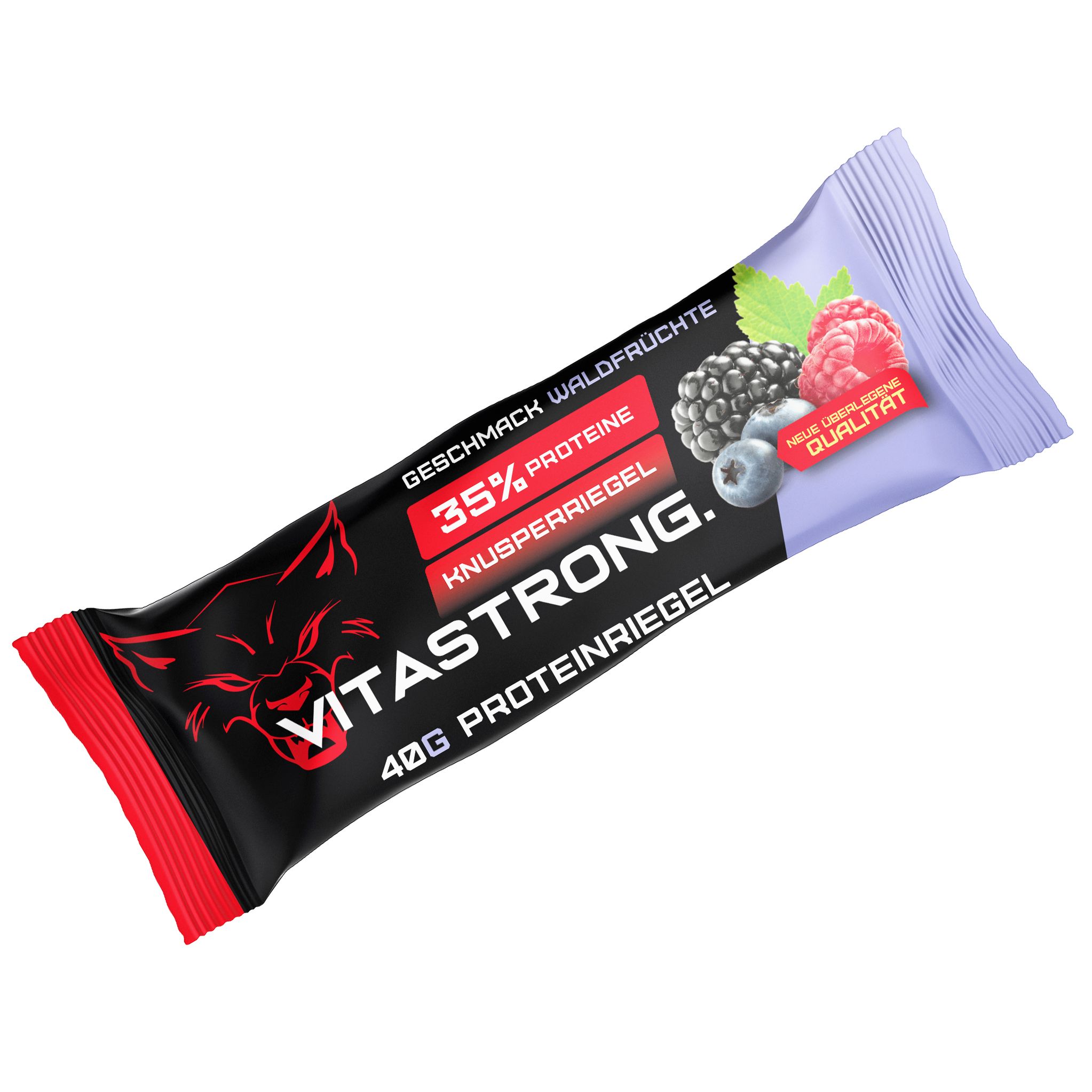 Barretta proteica gusto frutti di bosco. Confezione nera e rossa. Scritta: Vitastrong, 35% proteine, 40g.