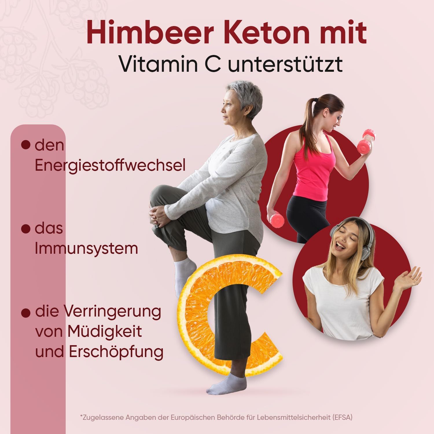 Donne che si allenano. Testo: Chetone di lampone con vitamina C supporta il metabolismo energetico, il sistema immunitario.