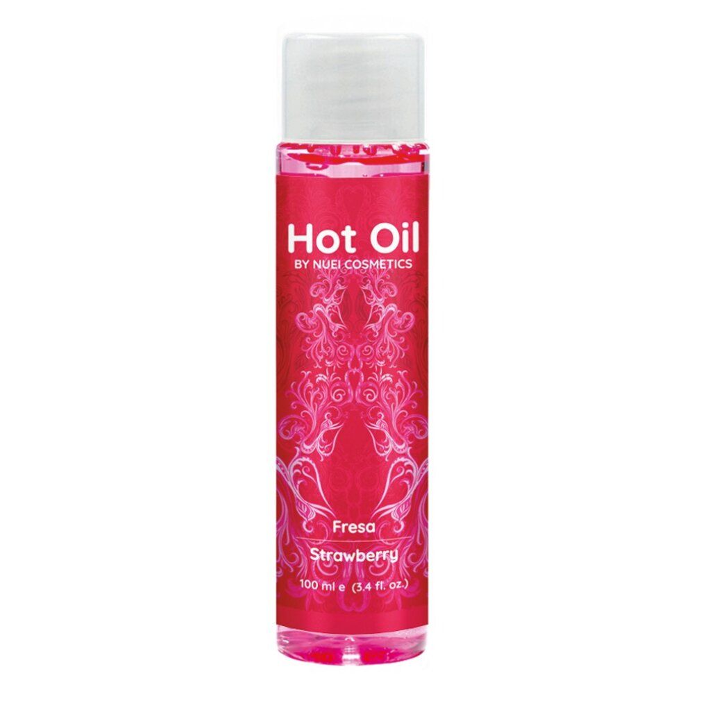 Flacone rosso con tappo bianco. Scritta: Hot Oil, BY NUEI COSMETICS, Fresa Strawberry. 100 ml. Fragole.