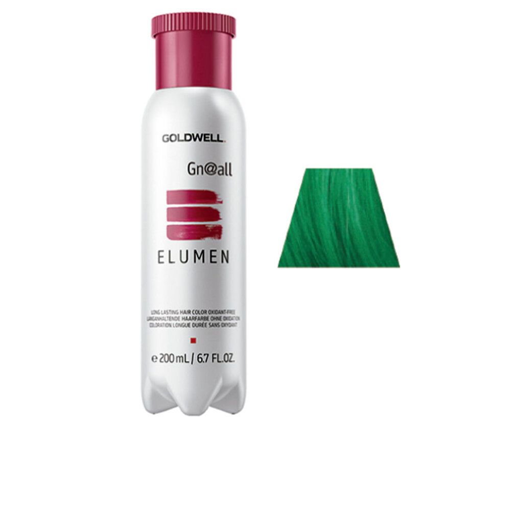 Goldwell Elumen, colore per capelli verde. Bottiglia bianca e rossa, campione di capelli verdi. Testo: Gn@all, ELUMEN, 200 ml.