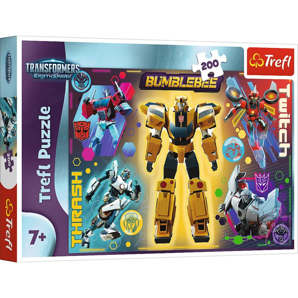 Puzzle Trefl, 200 pezzi, tema Transformers. Confezione con robot gialli e blu. Età consigliata 7+.