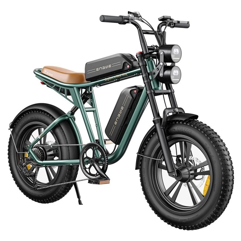 E-bike verde con sella marrone, due batterie e doppi fari. Pneumatici neri. Su sfondo bianco.