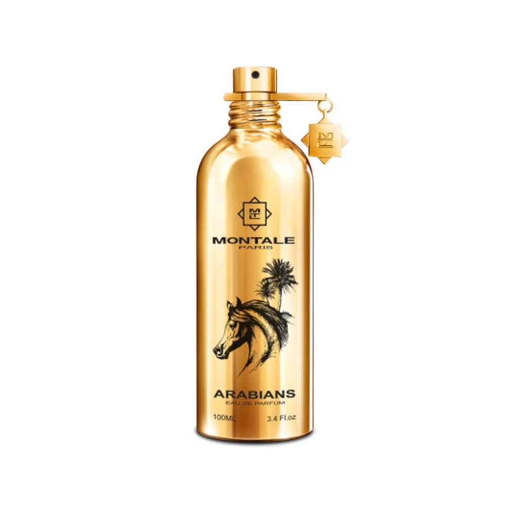 Flacone dorato con stampa e ciondolo. Scritta: MONTALE PARIS, ARABIANS.