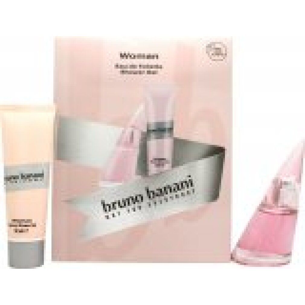 Set regalo Bruno Banani Woman. Confezione rosa con flacone, gel doccia e eau de toilette. Nastro argentato con scritta.