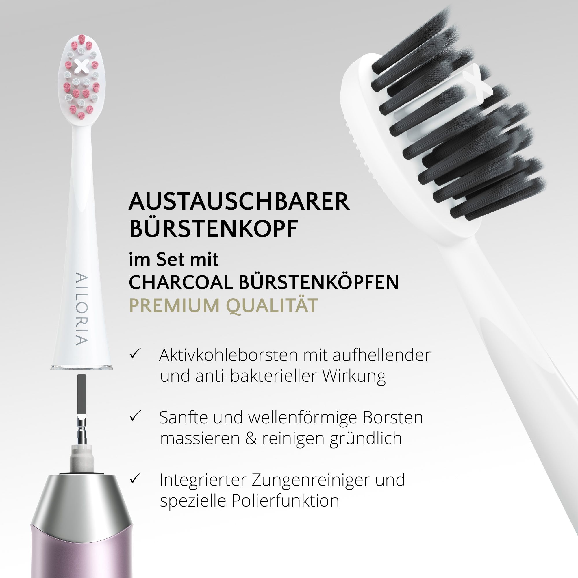 Testina sostituibile con setole al carbone attivo. Logo AILORIA. Qualità premium. Pulizia della lingua e lucidatura.