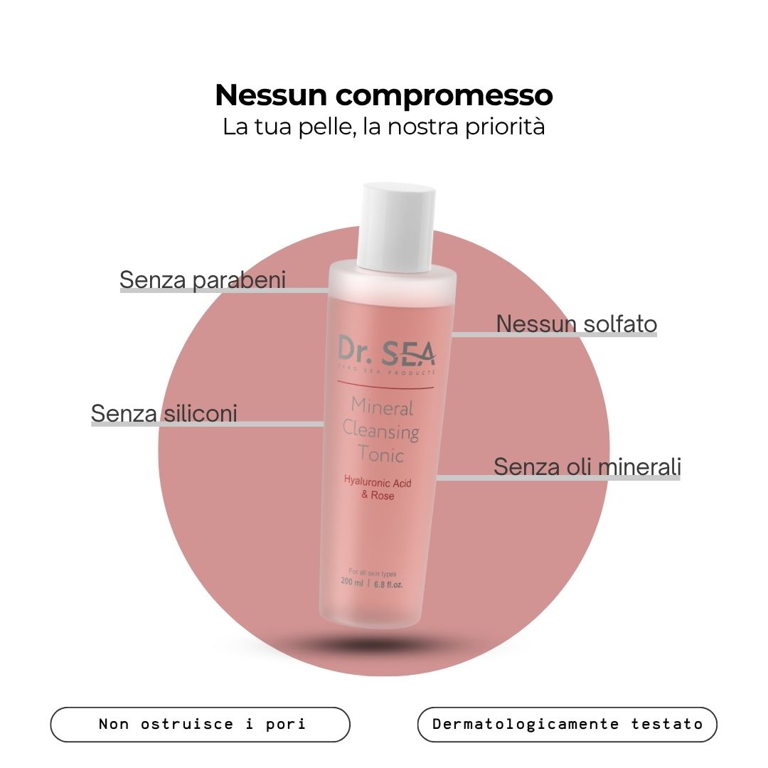 Flacone di tonico rosa con testo. Scritta: Dr. Sea, Mineral Cleansing Tonic, Acido Ialuronico & Rosa. 200 ml. Testo: Senza...