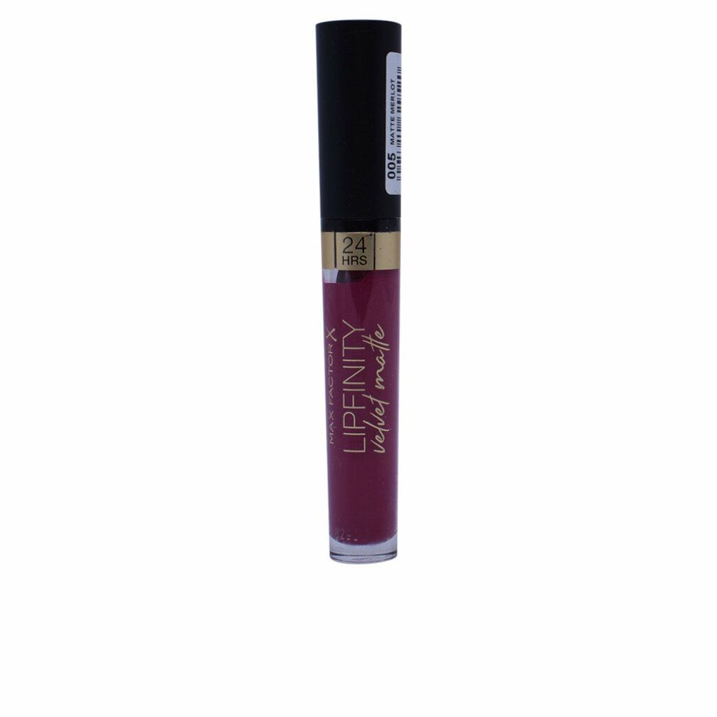Max Factor Lipfinity Velvet Matte 005 Matte Merlot. Rossetto con tappo nero. Scritte dorate. Tonalità: Merlot. Adesivo.