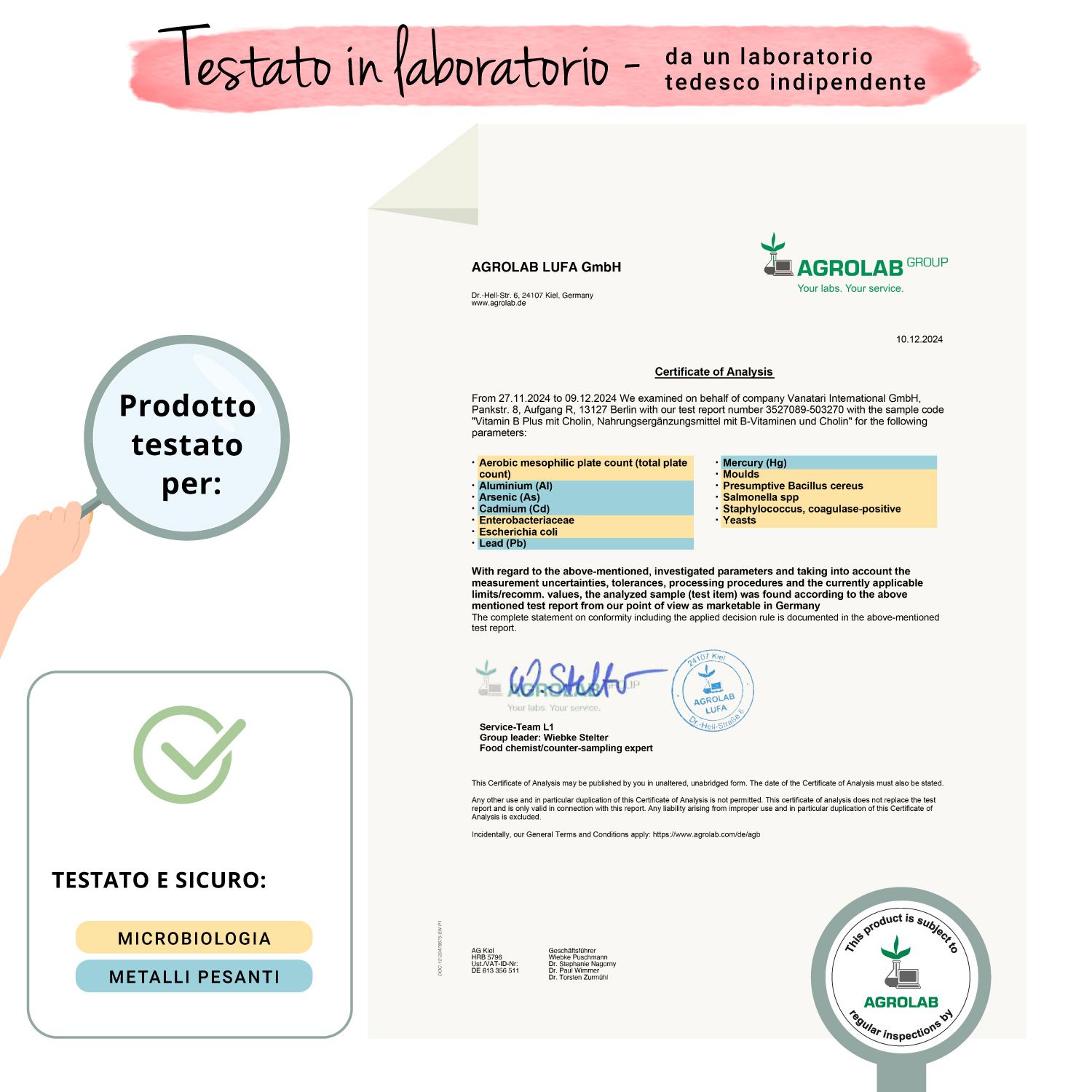 Rapporto di laboratorio di AGROLAB LUFA GmbH. Testato e sicuro: Microbiologia (metalli pesanti).