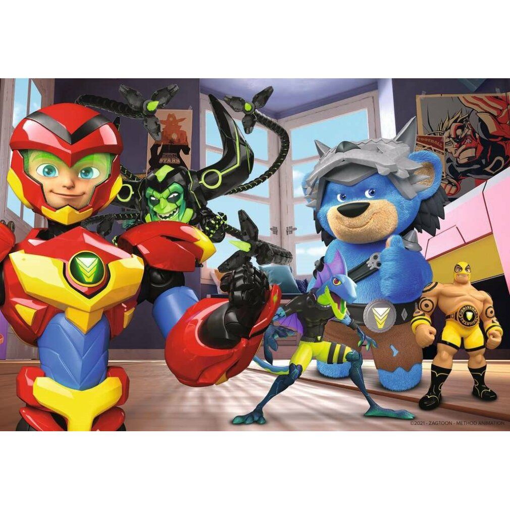 Motivo puzzle con personaggi Power Players in una stanza. Vari personaggi in azione. Colori vivaci e stile fumetto.