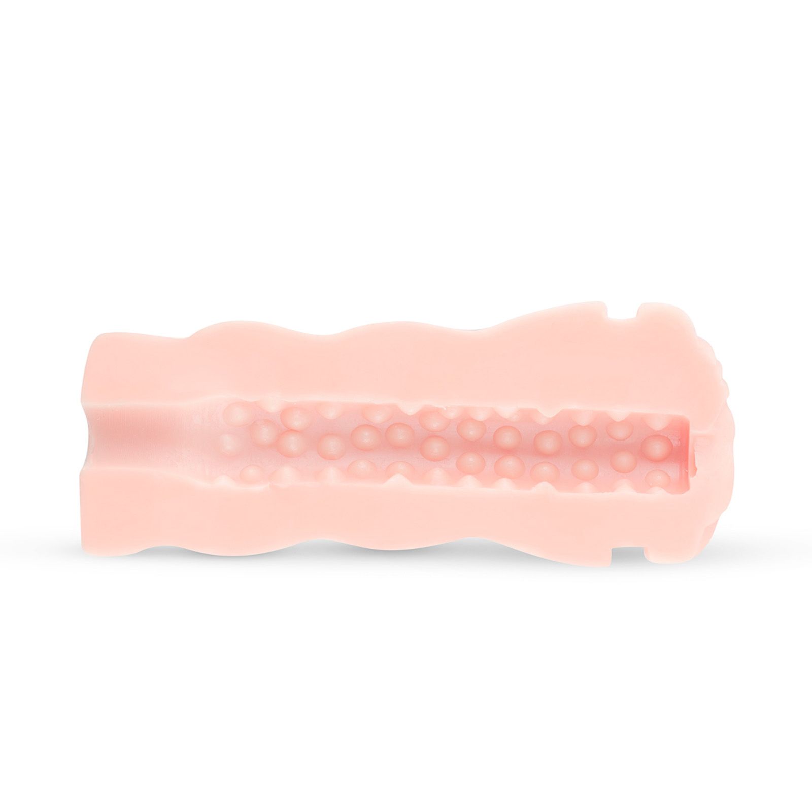 Inserto masturbatore rosa, allungato, con texture interna. Superficie sagomata con rilievi.