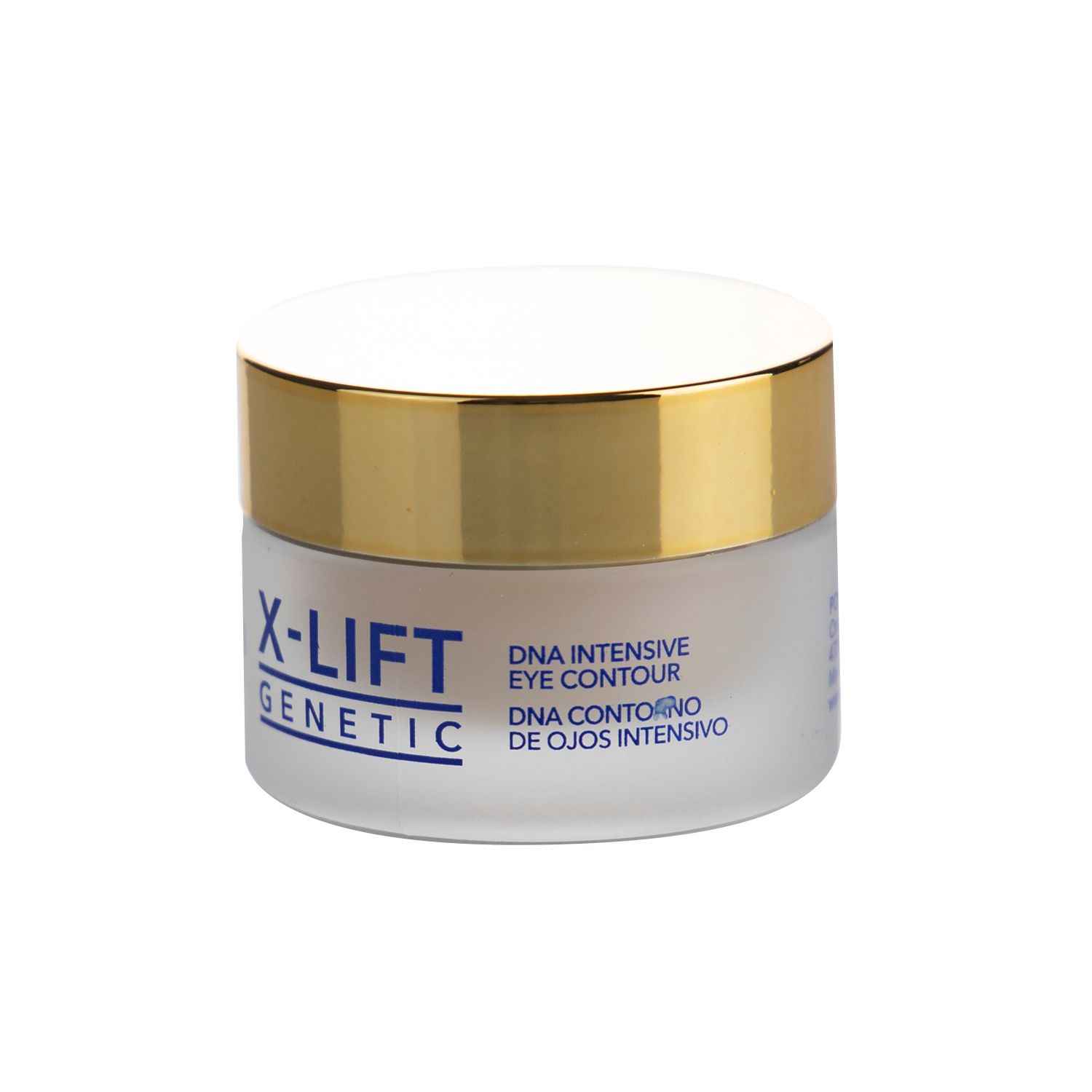 Vasetto di crema con coperchio dorato. Scritta: X-LIFT GENETIC, DNA Intensive Eye Contour.