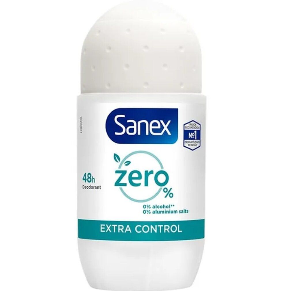 Deodorante roll-on bianco con tappo bianco. Scritta: Sanex Zero Extra Control. Scritta verde e bianca. 0% alcol, 0% sali di alluminio.