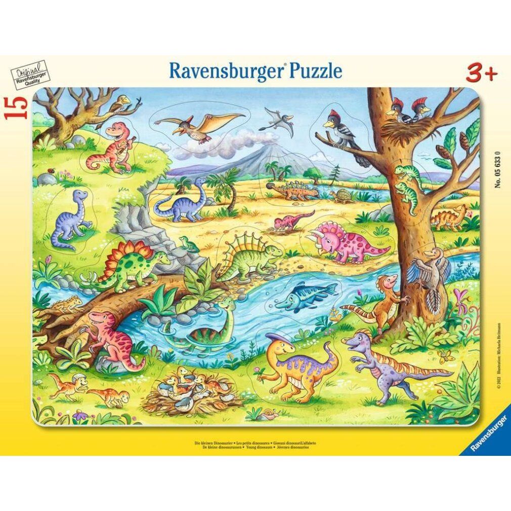 Puzzle di dinosauri, 15 pezzi. Paesaggio con alberi, fiume e varie specie di dinosauri. Marchio Ravensburger.