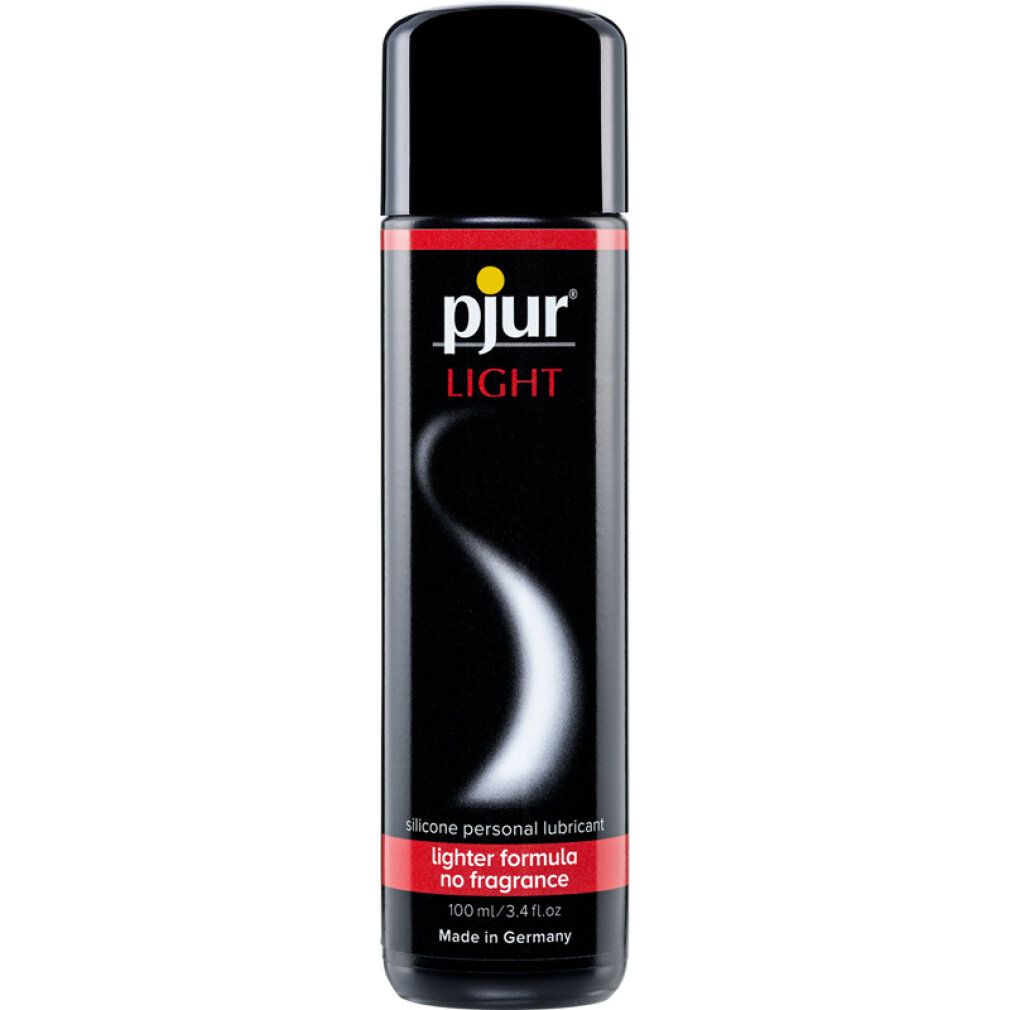 Flacone nero con etichetta rossa e gialla. Scritta: pjur LIGHT, lubrificante personale a base di silicone, senza profumo. Prodotto in Germania.