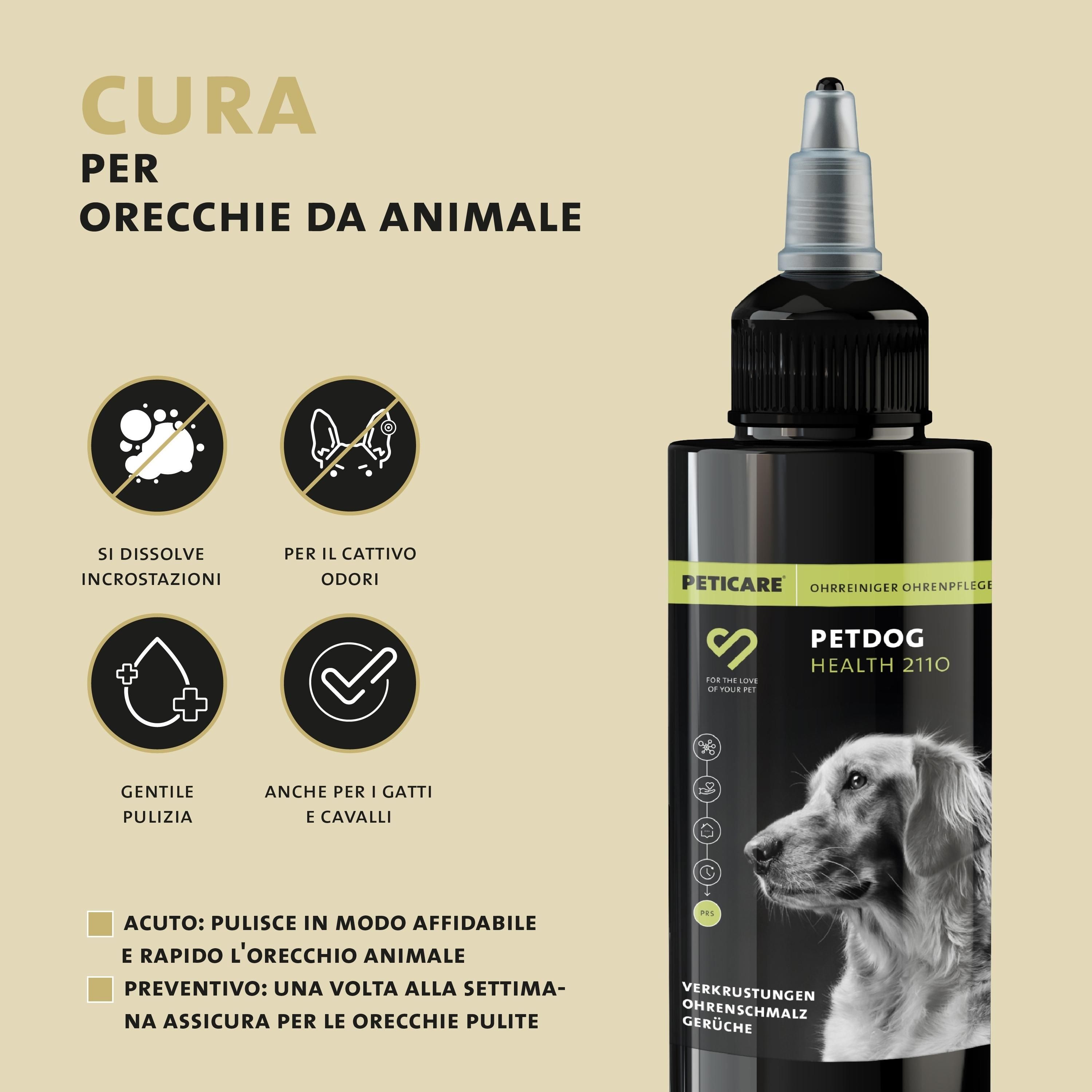 Flacone con testo: PETDOG HEALTH 2110. Testo: CURA PER ORECCHIE DA ANIMALE. Loghi: PETICARE, PRS. Simboli.