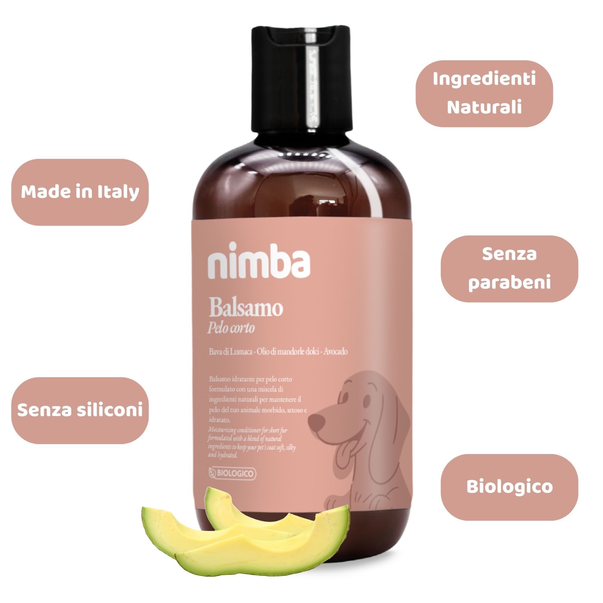 Flacone marrone con tappo nero. Etichette con testo: 'Made in Italy', 'Senza siliconi', 'Senza parabeni', 'Biologico'.