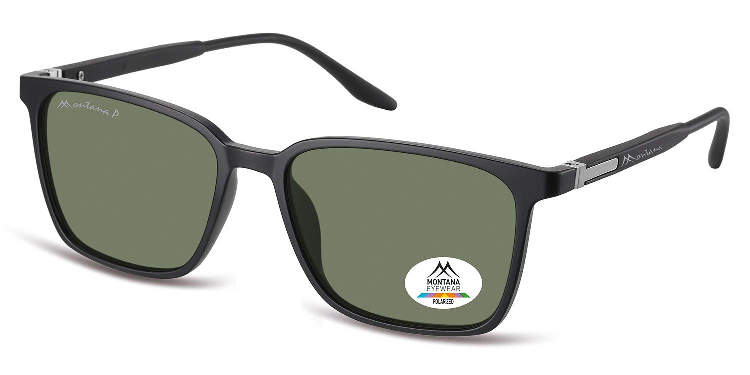 Occhiali da sole neri con lenti quadrate. Logo Montana Eyewear sull'asta. Adesivo polarizzato sulla lente destra.