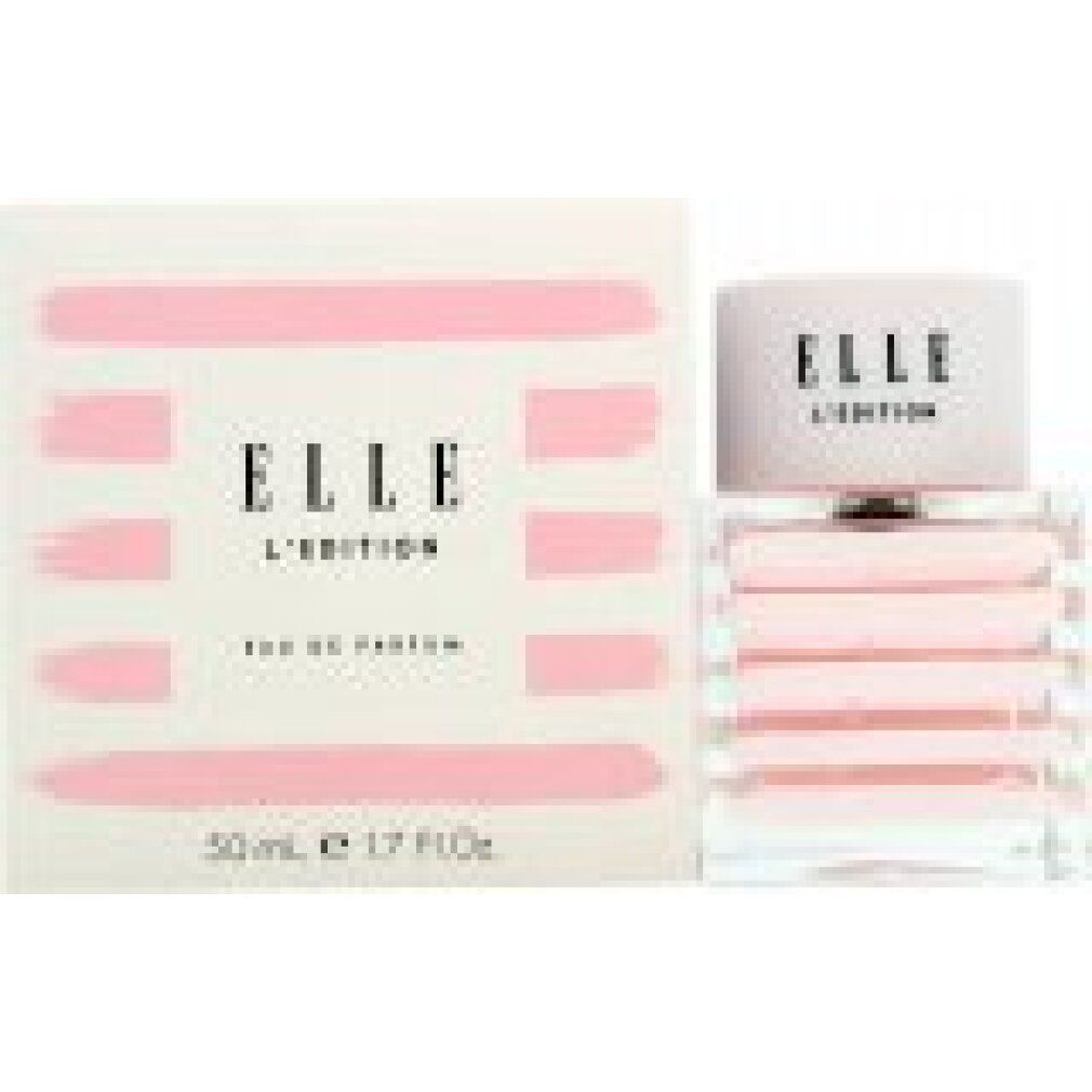 Flacone di profumo e confezione. Flacone a strisce rosa, tappo bianco. Confezione a strisce rosa e scritta ELLE L'EDITION.