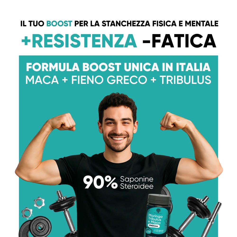 Uomo mostra i muscoli. Scritta: 90% Saponine Steroidee. Flacone di capsule. Pesi sullo sfondo.