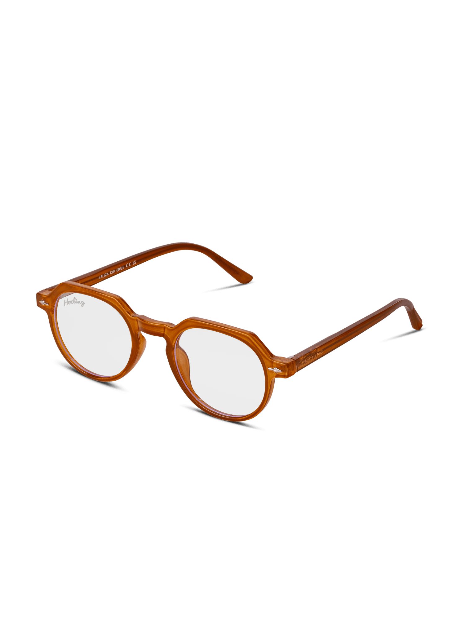 Occhiali marroni con lenti rotonde. Il marchio Herling è visibile. Vista prospettica.