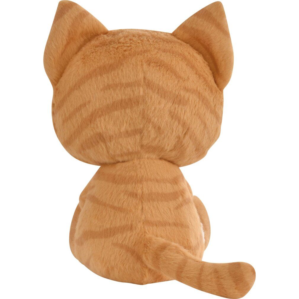 Vista posteriore di un gatto tabby, ca. 15 cm, arancione con motivo a strisce. Coda verso destra. Posizione seduta.