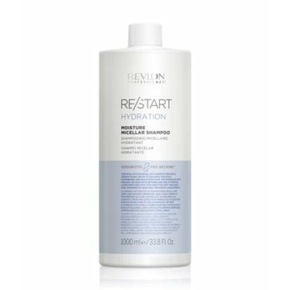 Flacone di shampoo bianco con etichetta blu. Scritta: Revlon Re-Start Hydration, Moisture Micellar Shampoo. 1000 ml.