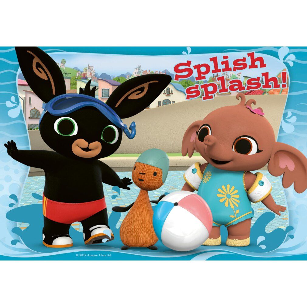 Puzzle con personaggi a bordo piscina. Bing con occhialini e costume rosso. Una palla e un altro animale sono visibili.