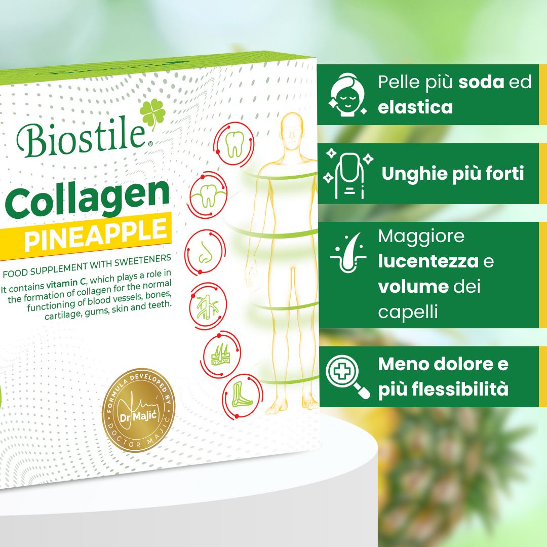 Confezione Biostile Collagen Pineapple. Vantaggi: pelle più soda, unghie più forti, più lucentezza, meno dolore.