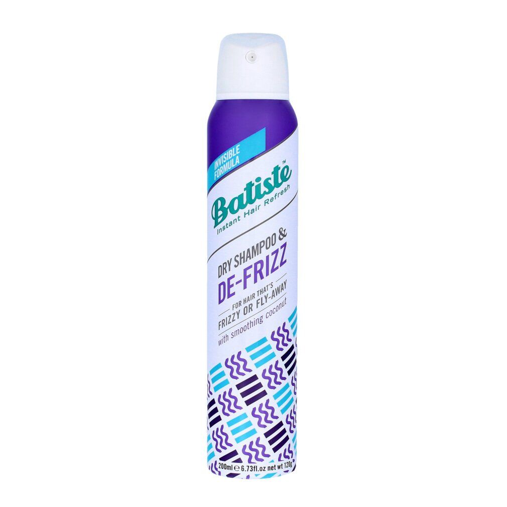 Batiste shampoo secco De-Frizz. Flacone viola con tappo bianco. Testo: Instant Hair Refresh, Dry Shampoo & De-Frizz.