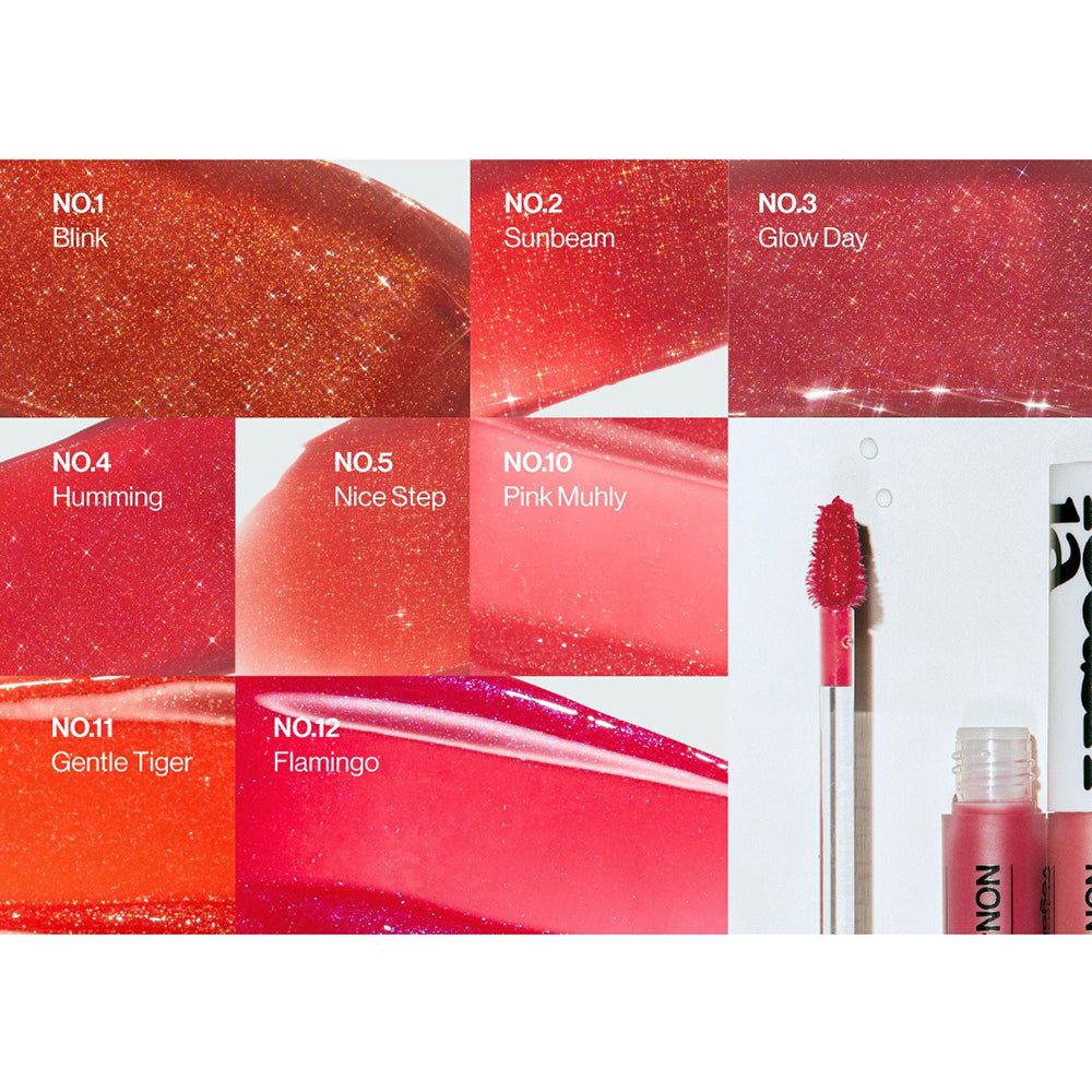 Diverse tonalità di lucidalabbra. Scritta: Non-Sticky Dazzle Tint. Numeri dei colori: 1, 2, 3, 4, 5, 10, 11, 12.