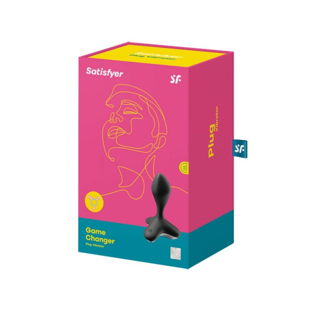 Confezione con immagine di vibratore anale nero. Testo "Satisfyer", "Game Changer" e "Plug Vibrator".
